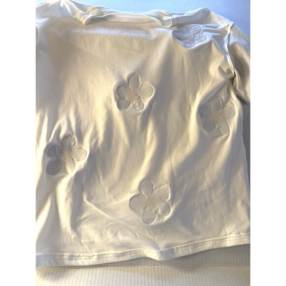 White Blue Stretch Soft Short Sleeve Tee with Blue YellowFloral Designs Appliqué - Picture 6 of 9
